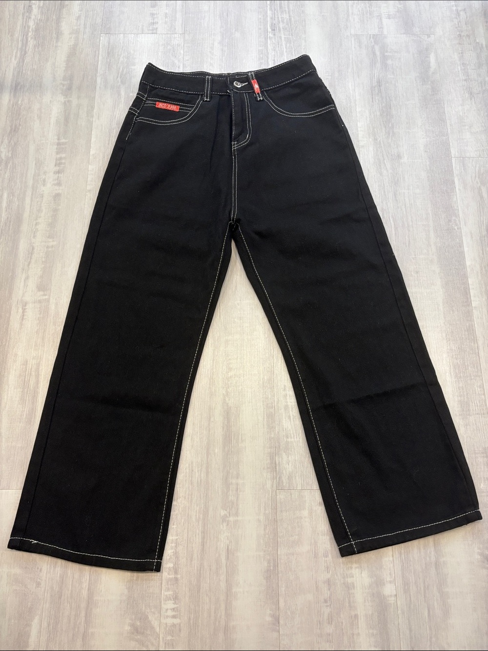 JNCO Black Boot Cut Jeans with White Contrast Stitching and Red Tab size small - Picture 1 of 9
